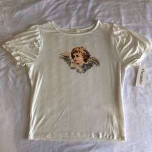 Cream Shirt with Angel (cherub) and Puffy Sleeves